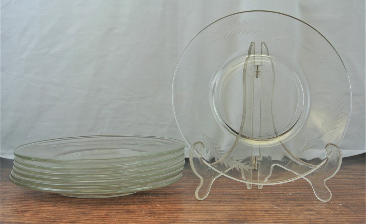 7 Clear 8" Dining Room Set Glass Plates Set With Leaf Pattern Etched