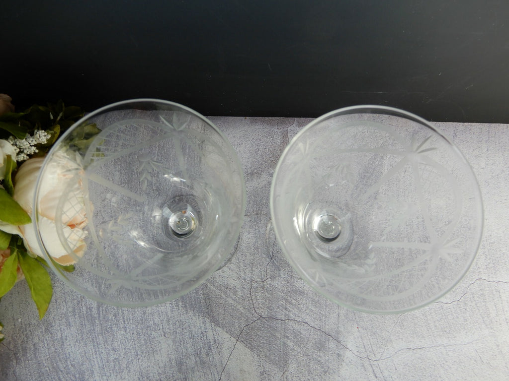 Set of 2 Vintage Long Stem Etched Water/Wine Glasses