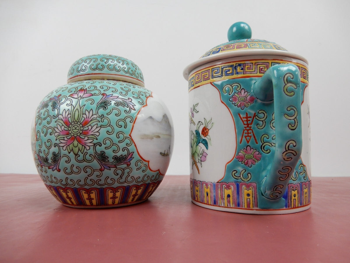 Vintage 6 Piece Oriental Pattern Fine China Porcelain Tea Set