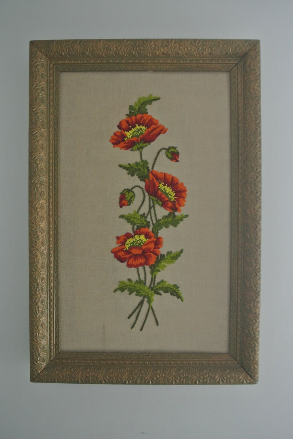 Vintage Big Ornate Resin Frame with Needlepoint Poppy Flowers 42-3/8" Tall
