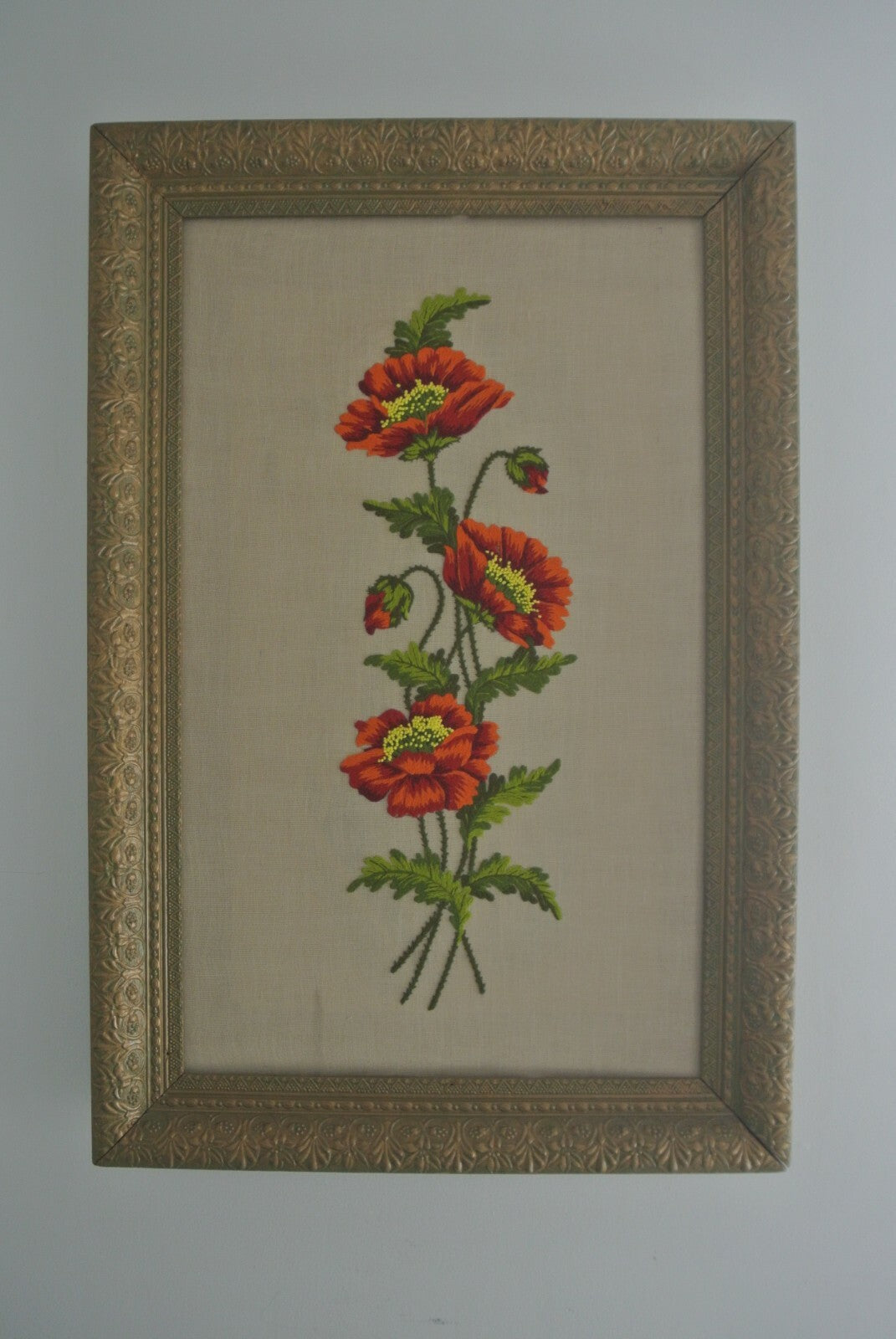 Vintage Big Ornate Resin Frame with Needlepoint Poppy Flowers 42-3/8" Tall