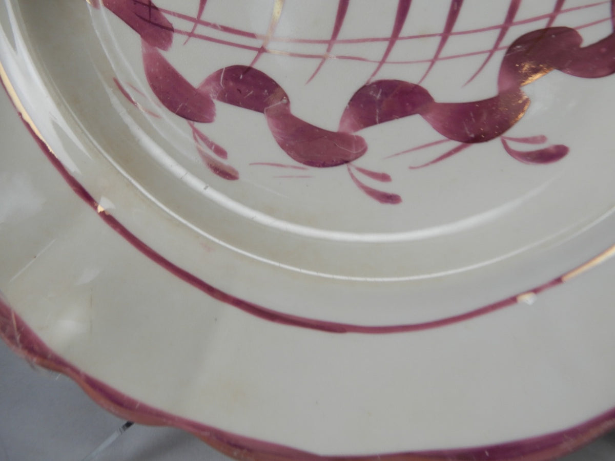 Antique Staffordshire Pink Luster Pearlware Embossed Handled Plates