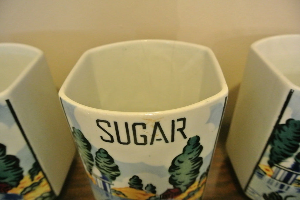 6 Vintage Czech Bohemian Ceramic Yvonne Canister Set with Beautiful Scenery