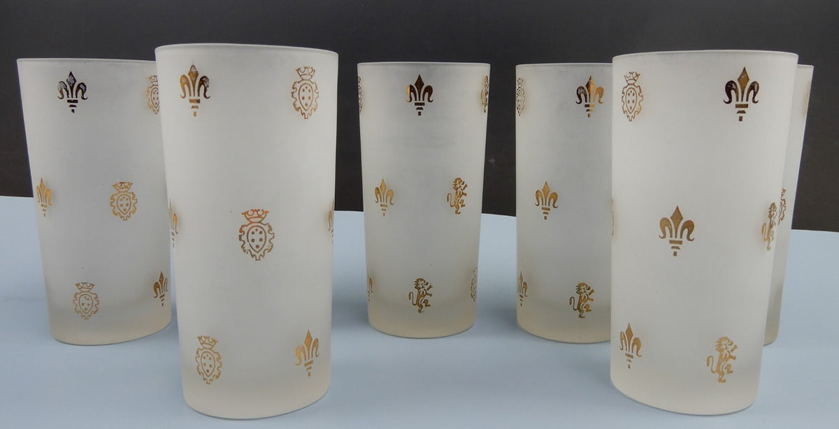 7 Frosted Highball Glasses with Golden Symbols Lions,Fleur De Lis and Shields