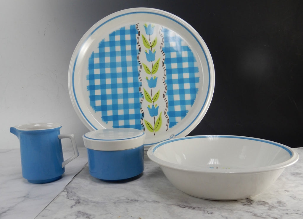 Vtge Mikasa Country Gingham Denim Serving Bowl,Creamer,Sugar Bowl,Round Platter