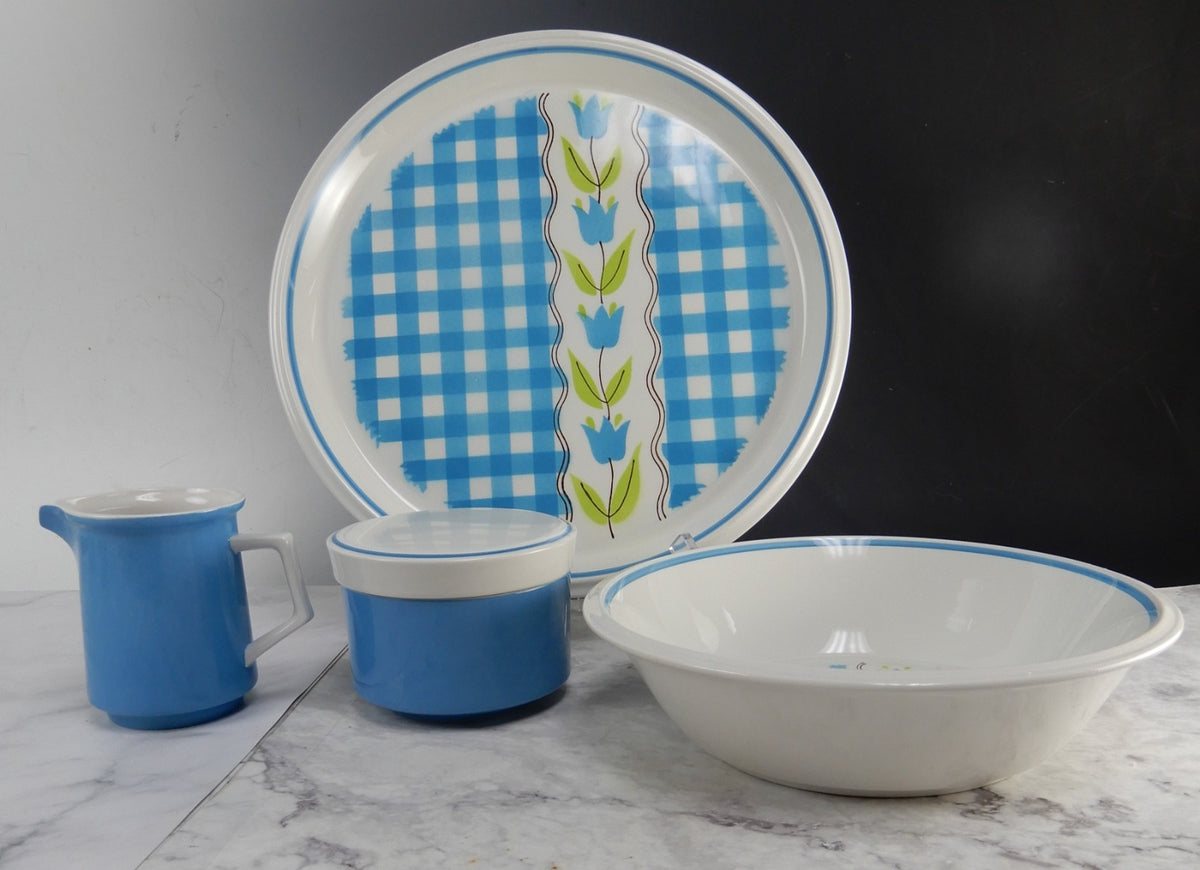 Vtge Mikasa Country Gingham Denim Serving Bowl,Creamer,Sugar Bowl,Round Platter