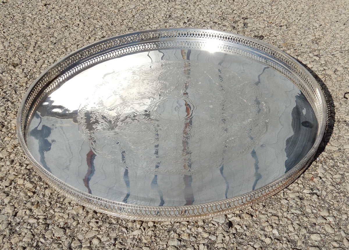 20-1/2"  Sheffield Tray Silver Plated on Copper Chased Detail, Reticulated Edge