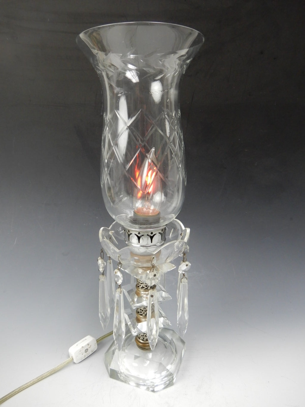 Vintage Crystal Boudoir Table Lamp W/Hanging Prisms and Flicker Flame  Bulb