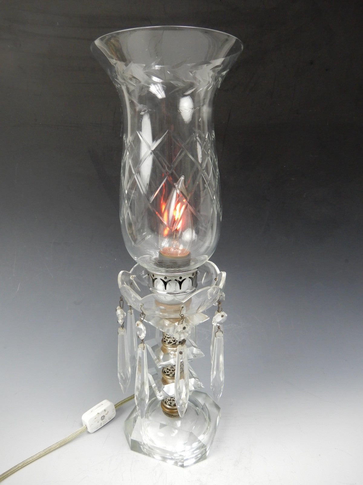 Vintage Crystal Boudoir Table Lamp W/Hanging Prisms and Flicker Flame  Bulb