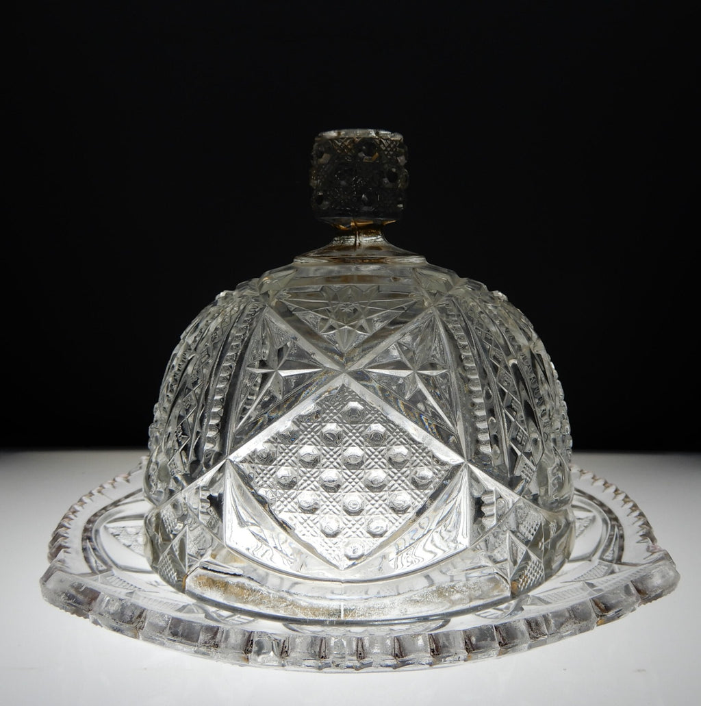 Vintage Clear Press Glass Lidded Round Butter Dish Gold Rims