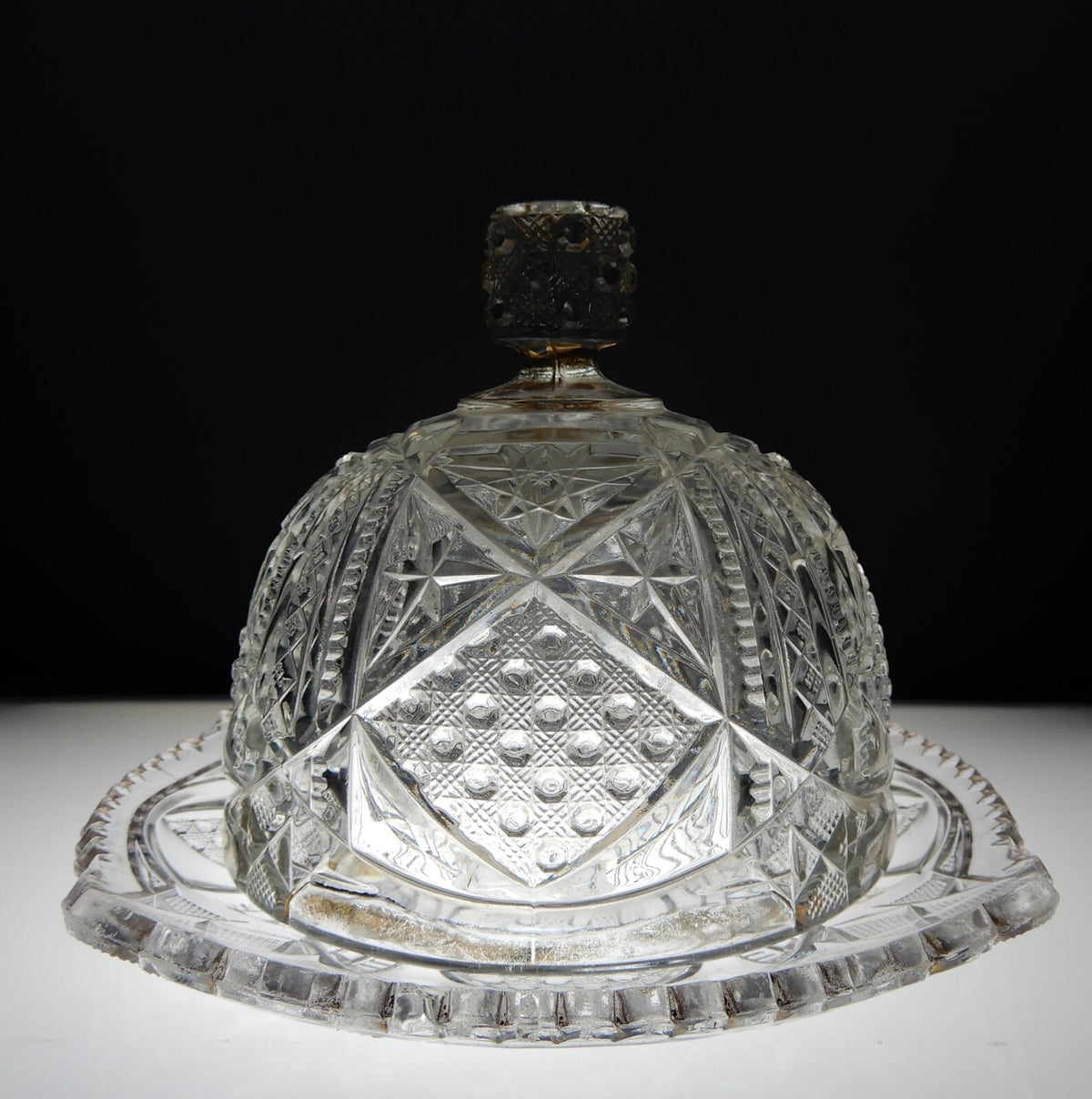 Vintage Clear Press Glass Lidded Round Butter Dish Gold Rims