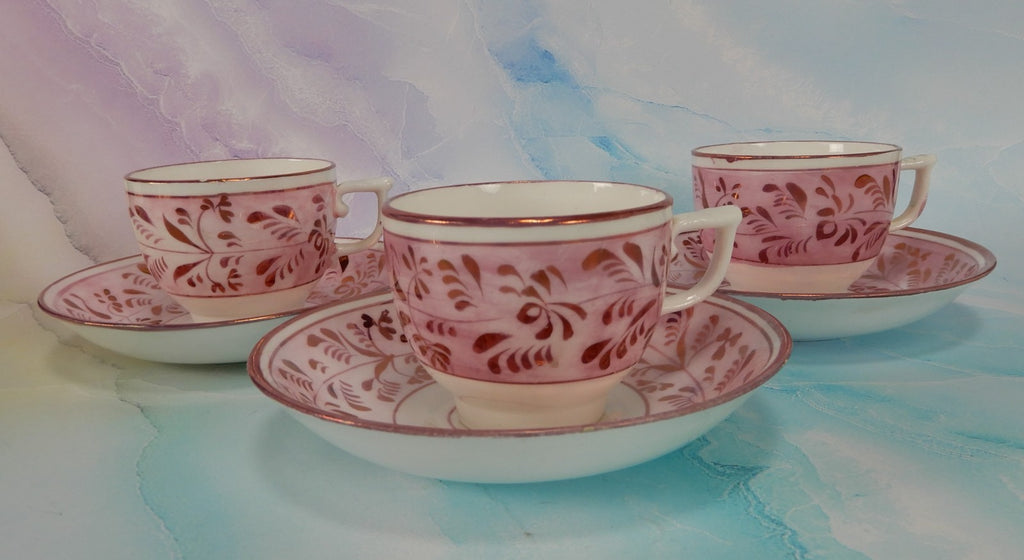 Set of 3~1800s Staffordshire Pink Luster Cups and Saucers: Sunderland Lusterware