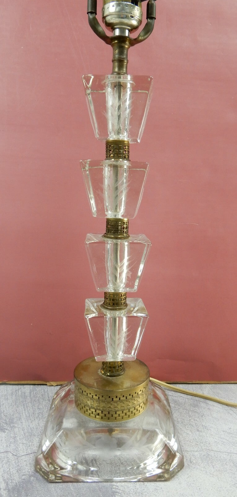 Vintage 28-7/8" Tall Etch Stacked Lucite and Brass Table Lamp