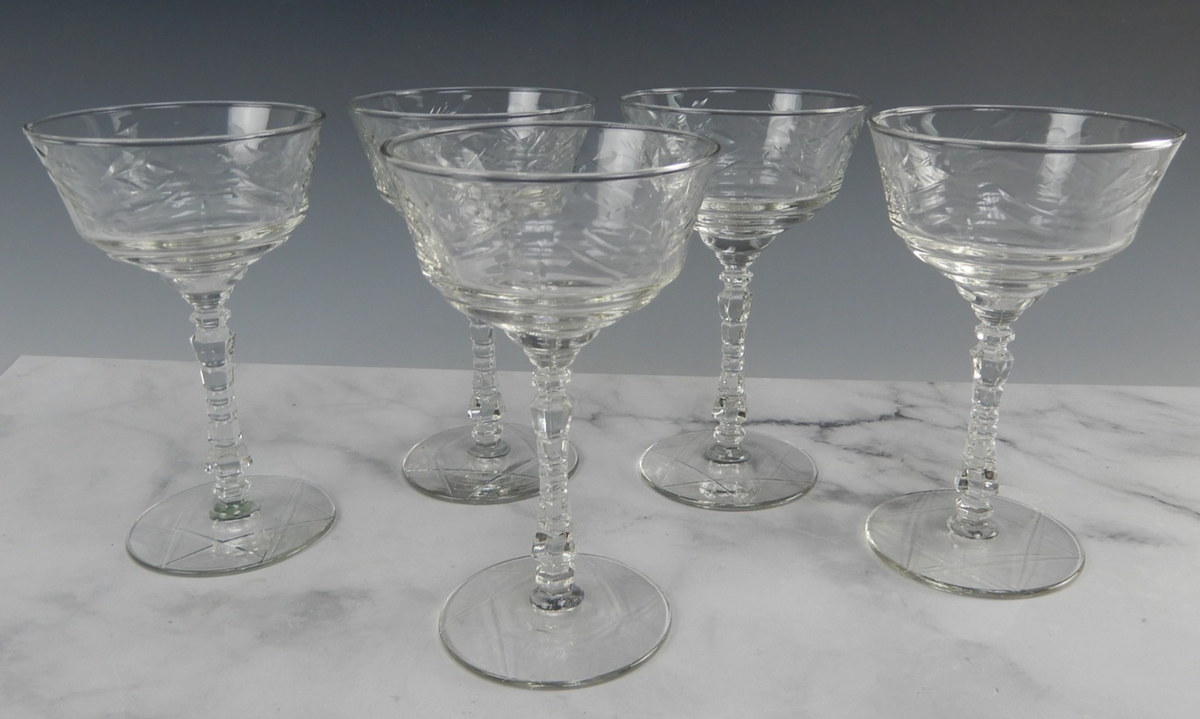 Set of 5 Pcs Pcs Libbey Rock Sharpe Etched Glass Arctic Rose Champage Glasses 6"