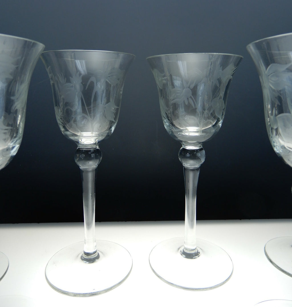 Set of 6  Elegant Etch Cordial Cocktail Glasses with Flowers