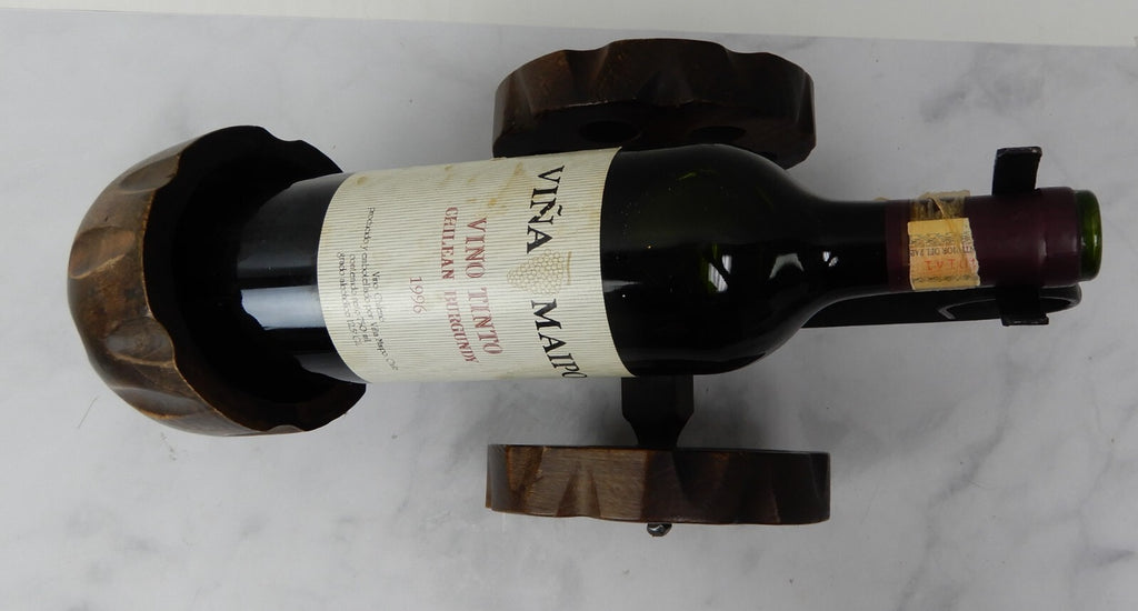 Vintage Cast Iron and Wood Wine Cannon Bottle Holder Made in Spain