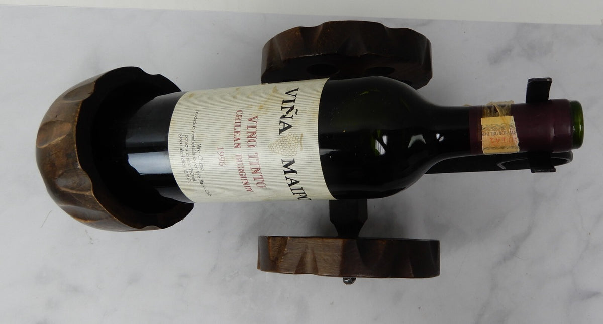 Vintage Cast Iron and Wood Wine Cannon Bottle Holder Made in Spain