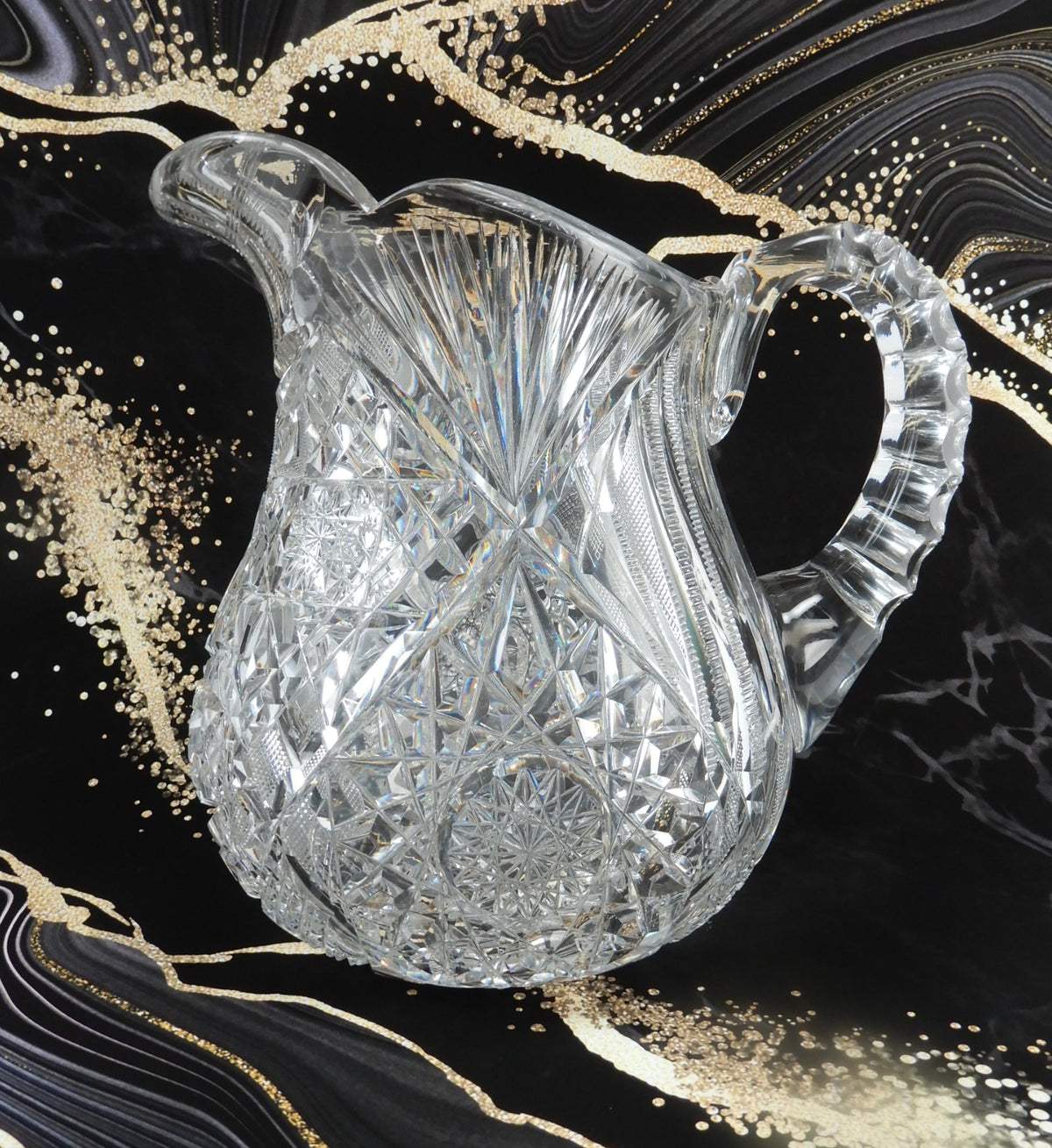 American Brilliant Period  ABP Heavy Crystal Cut Glass Hobstar Water Pitcher