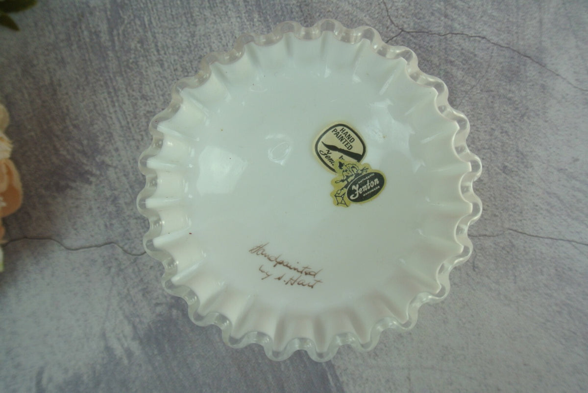 2 Fenton White Milk Glass Silver Crest Spanish Lace Candlestick Holders Signed