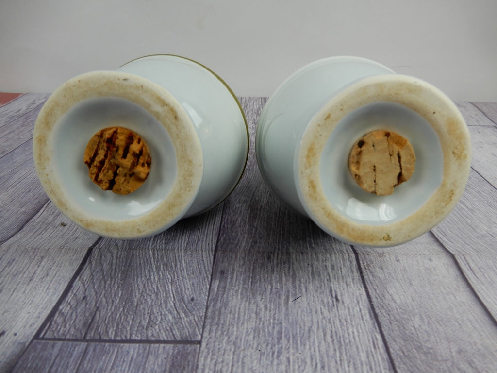 Set of Two Vintage Ironstone Big Salt & Pepper Shakers w/Green Bands