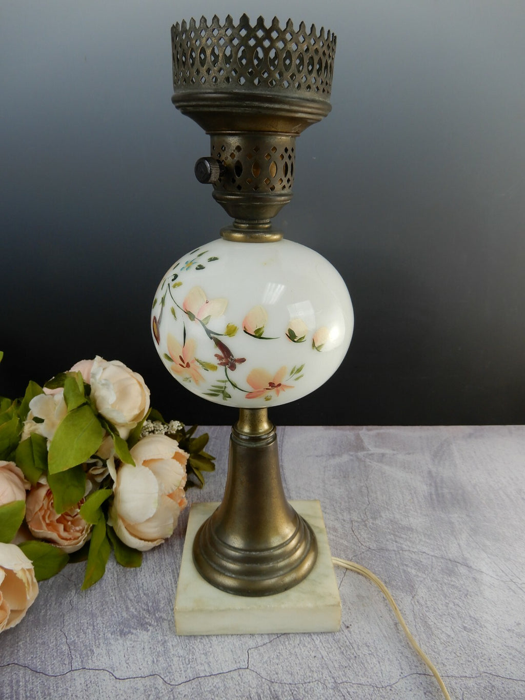 Vintage Marble Base Table Lamp Milk Glass Hand Painted Flower