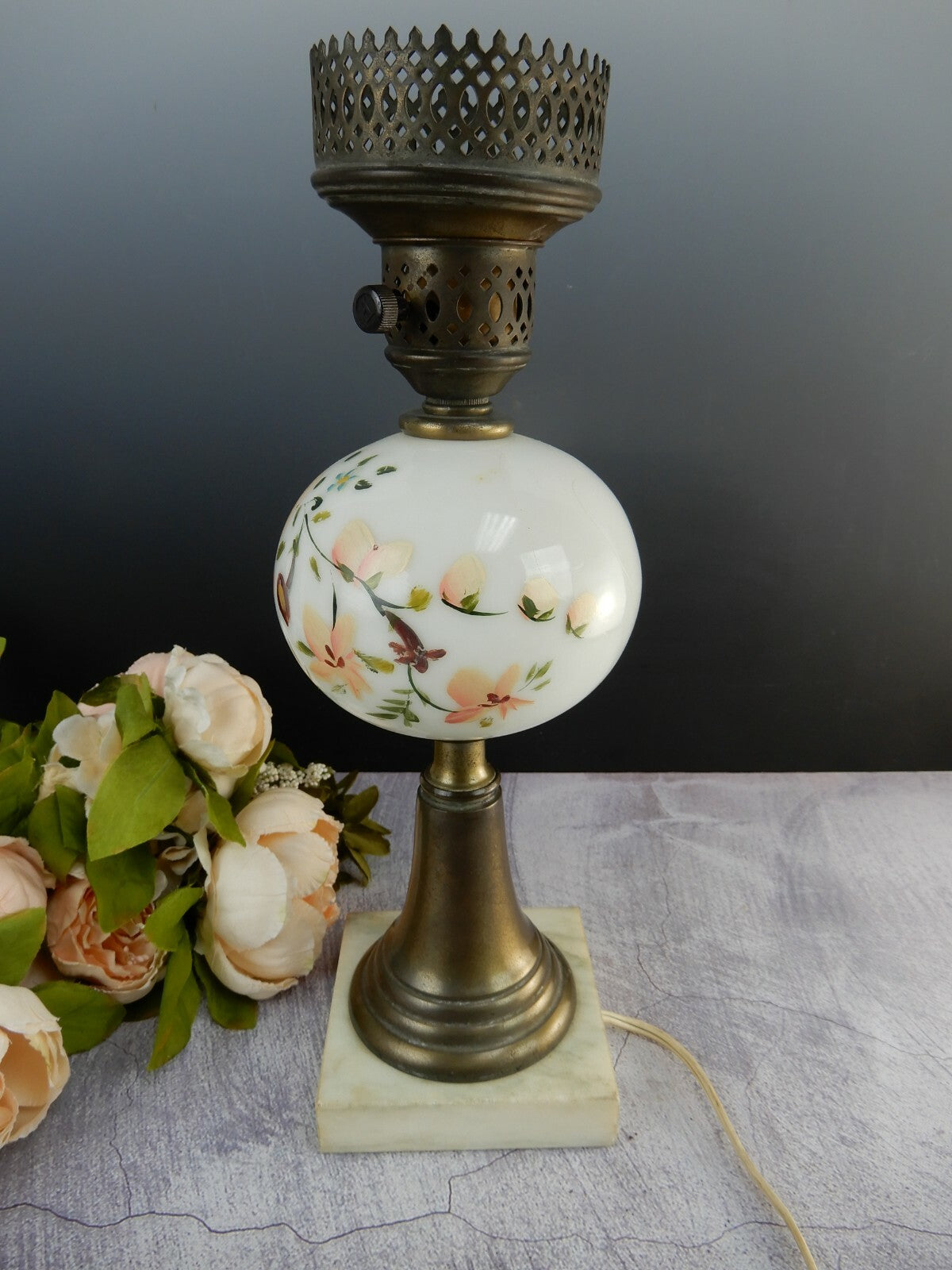 Vintage Marble Base Table Lamp Milk Glass Hand Painted Flower