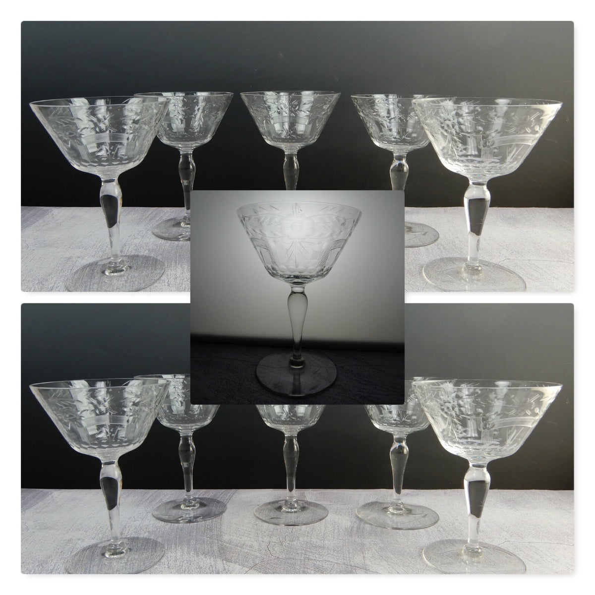Set of 5 Flower Ornate Etched Old Crystal Champagne/ Sherbet 6oz Glasses