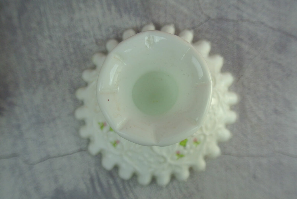 2 Fenton White Milk Glass Silver Crest Spanish Lace Candlestick Holders Signed