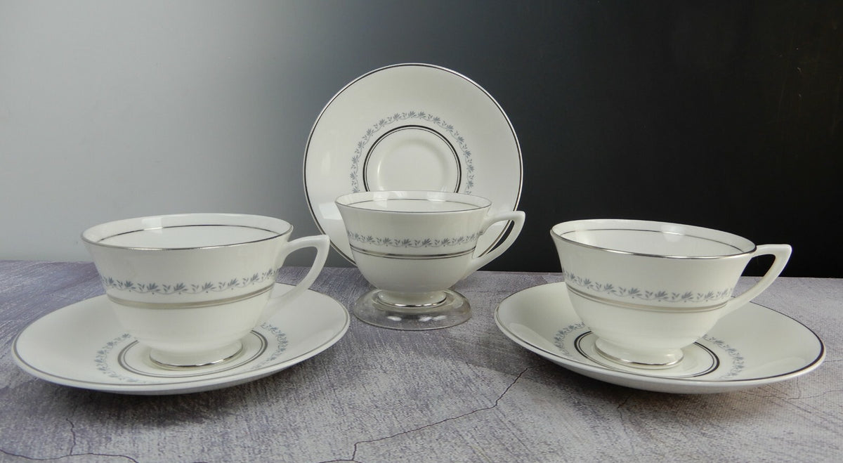 Vintage Set of  3 Cups and Saucers TIARA Royal Doulton Fine Bone China Platinum