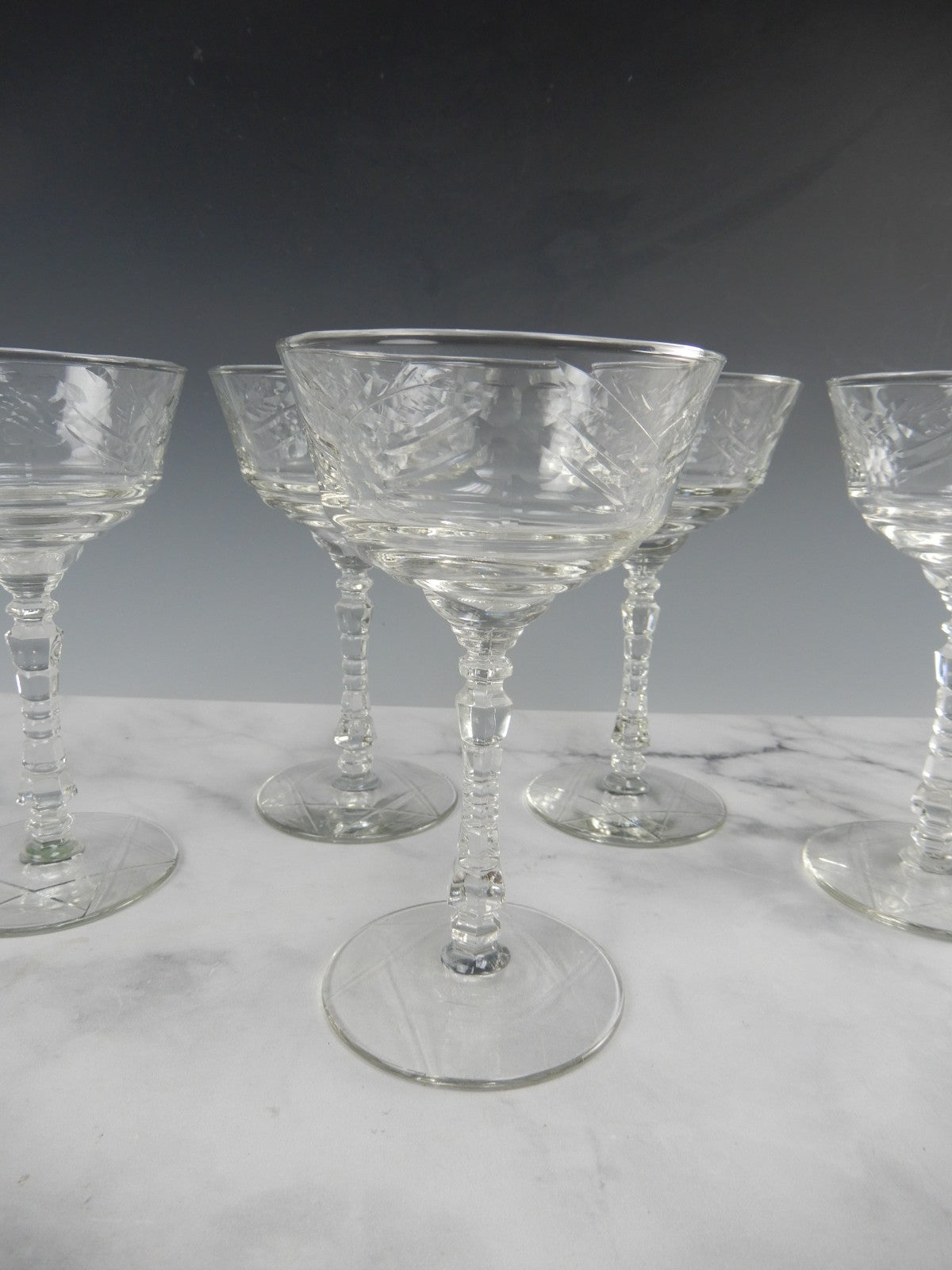 Set of 5 Pcs Pcs Libbey Rock Sharpe Etched Glass Arctic Rose Champage Glasses 6"