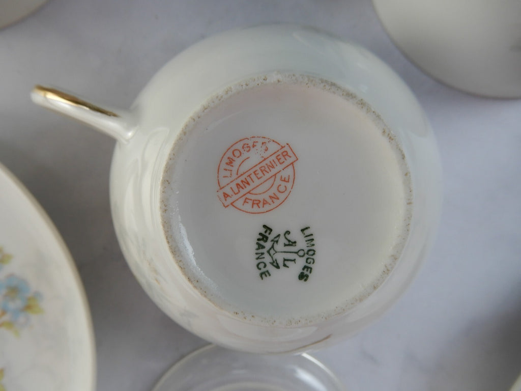 Antique Limoges A. Lanternier France Porcelain Blue Floral 3 Cups and Saucers
