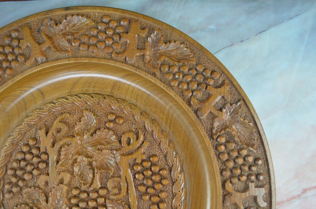 Vintage Large 19" Hand-Carved, Brown Wood Plate with Grape Vines/ Wall Art Decor