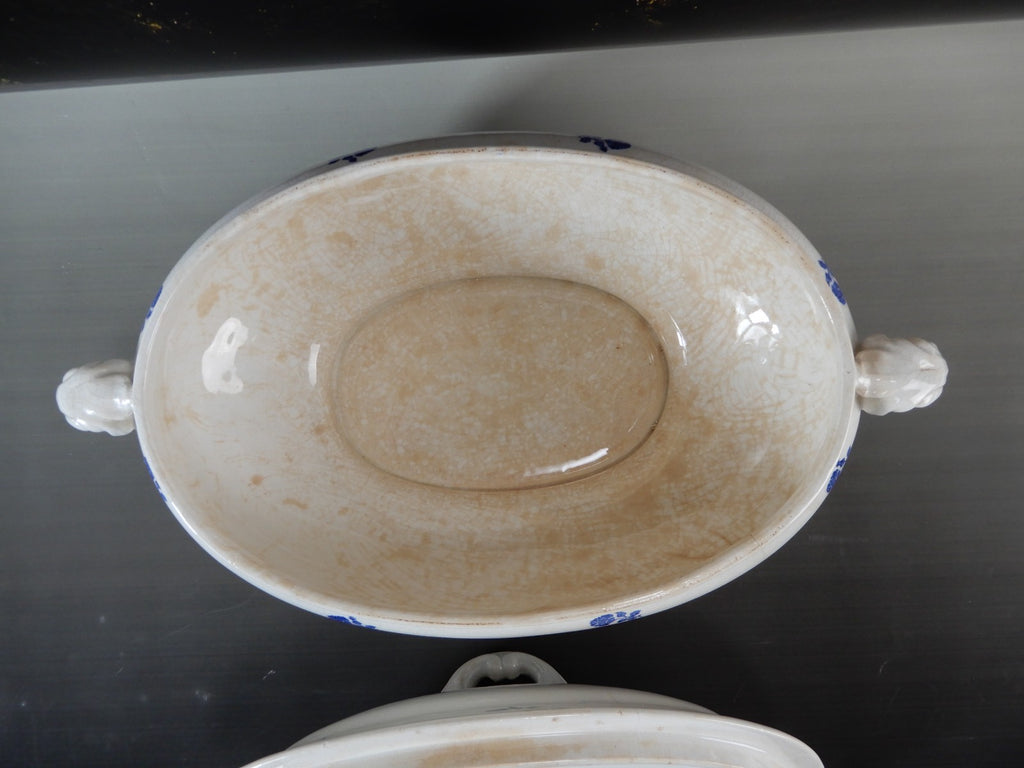 Antique GEFLE Porcelain Soup Tureen, Blue Rose Motif, Swedish Transferware