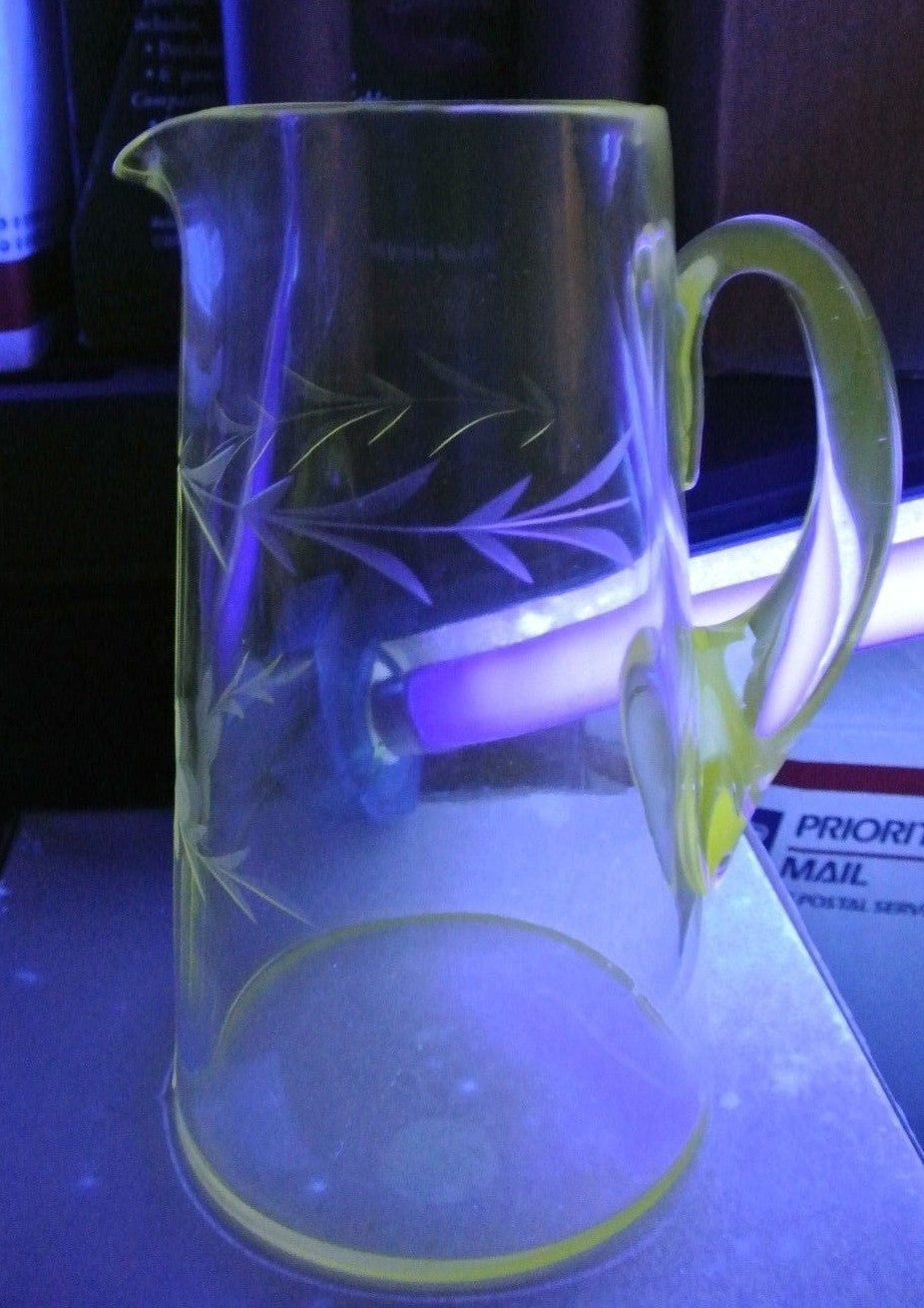 Vintage 1980 Pitcher ~ Cut Glass Etched Flowers & Leaves