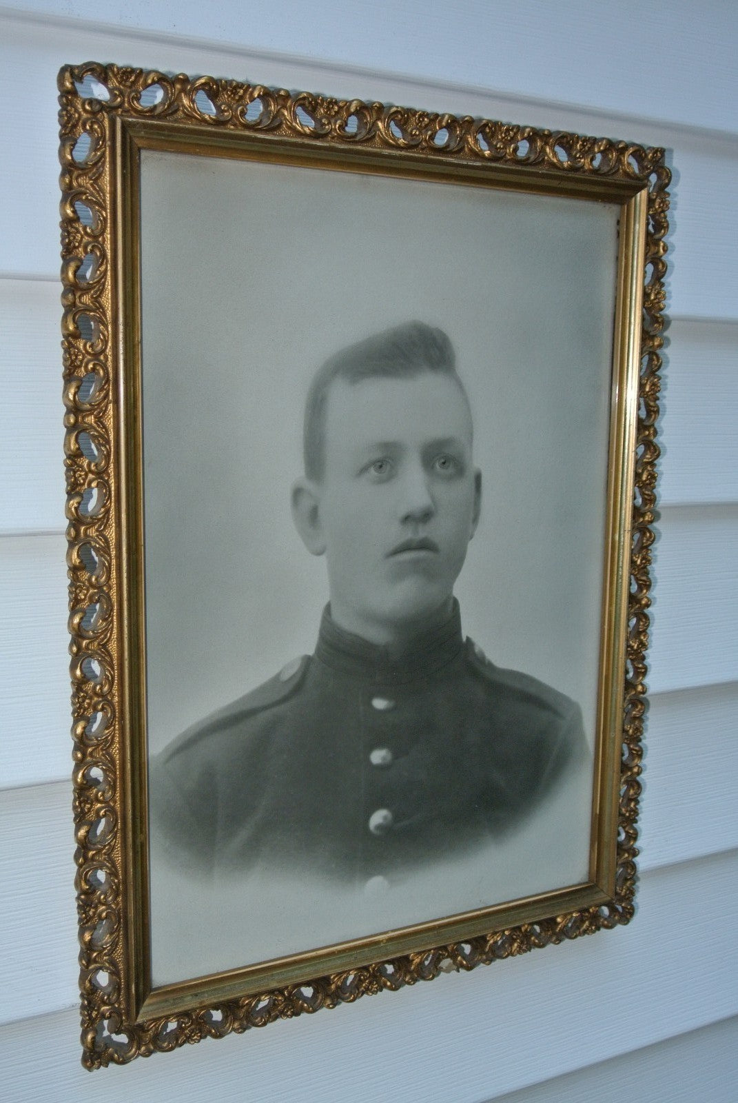 Vintage Antique Black and White Photo Print of Young Man In Meta Frame. Military