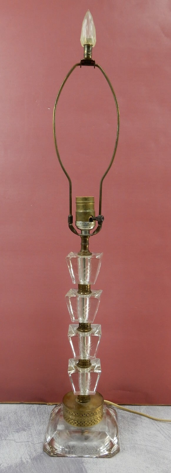 Vintage 28-7/8" Tall Etch Stacked Lucite and Brass Table Lamp