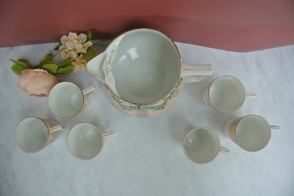 Vintage JE-OH China Lemonade/Cider Pink Floral Pitcher with 6 Cups
