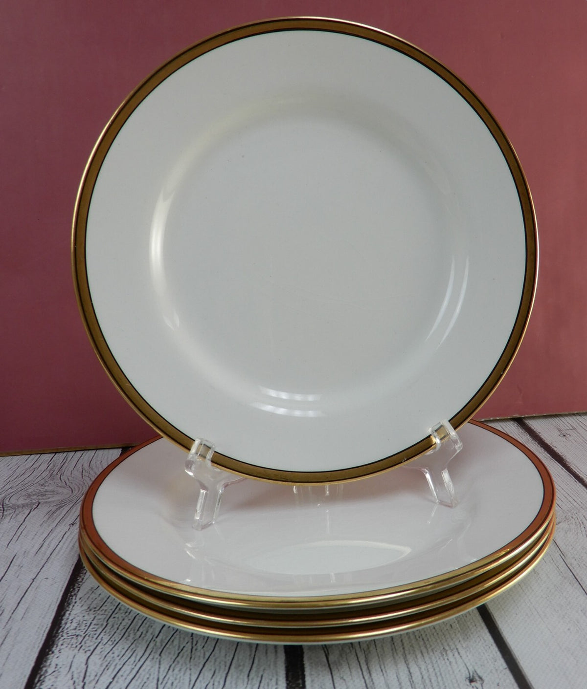 Lot of 6 Johnson Brothers England White Gold  and Black Rims 8" Salad Plates