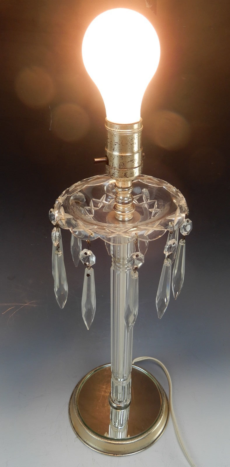 Vintage Crystal Regency Boudoir Table Lamp With Hanging Prisms