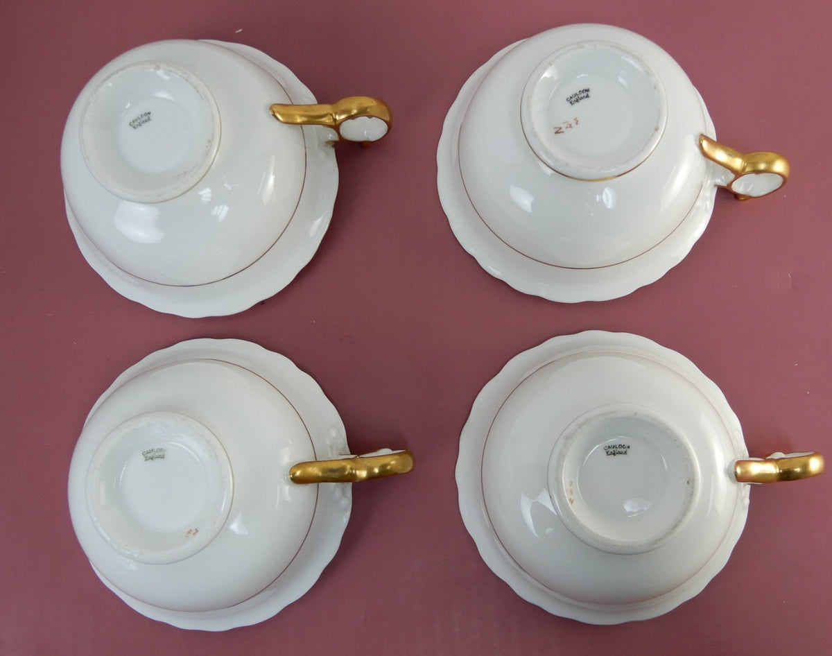 4 Antique Cauldon England 12oz Cups & Saucers Gold for Rich-Briggs.Co Boston