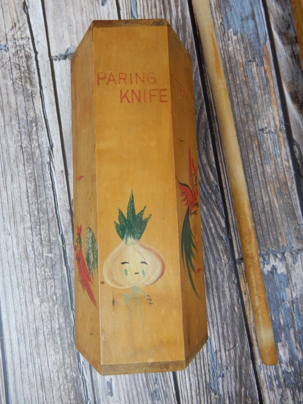 Vintage Wood Knife Holder Rack Wall Mount Kitchen Roosters & Chef Made in Japan