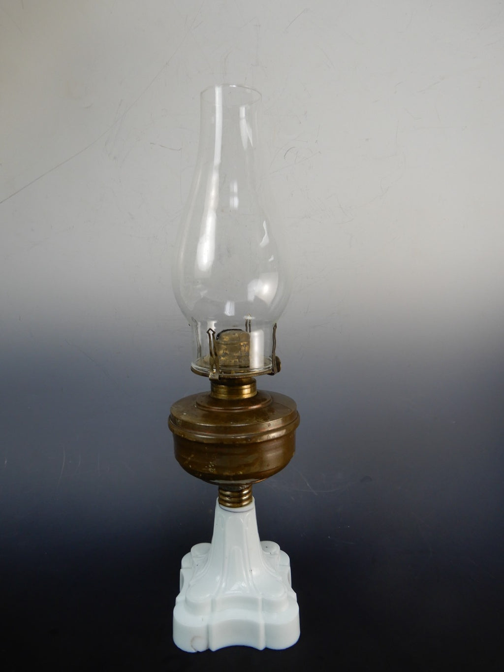 MFG Co No. 1 Queen Ann Burner White Milk Glass Base Oil Lamp