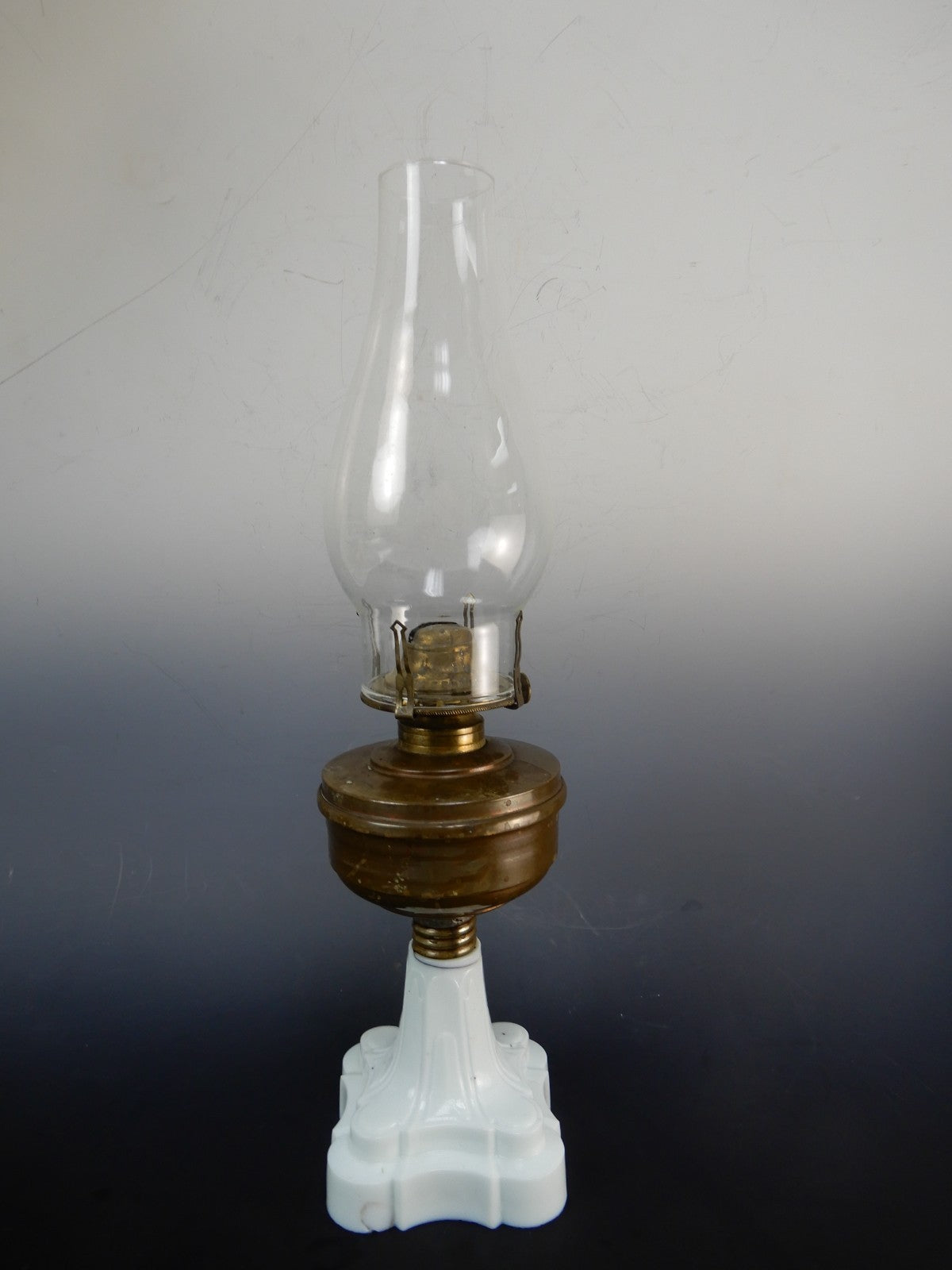 MFG Co No. 1 Queen Ann Burner White Milk Glass Base Oil Lamp