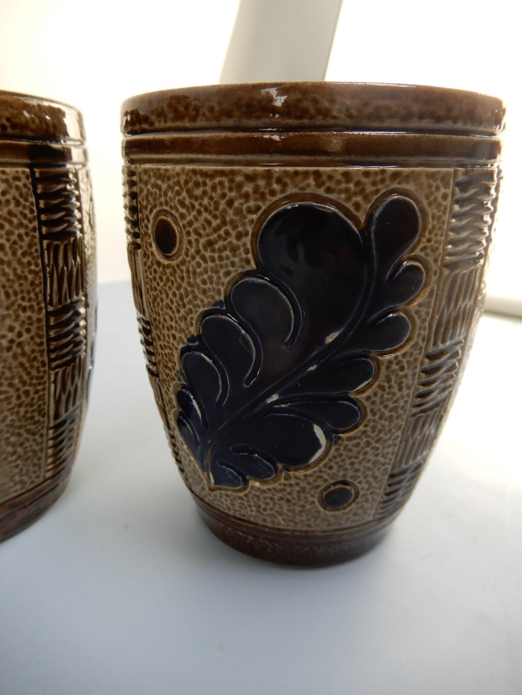 Vintage Marzi Remy German Stoneware Brown Blue Salt Glaze Wine /Jug W/ 6 Cups