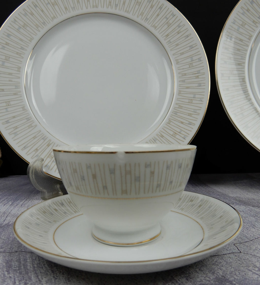 Mikado Malay Gold & Gray Pieces Two Dinner Plates,Two sets of Cups and Saucers