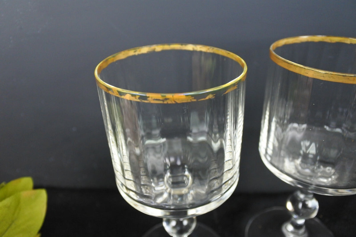 Lot Of 7 Vintage Ribbed Gold Rimmed Drinking Glasses Glasses Marked AC