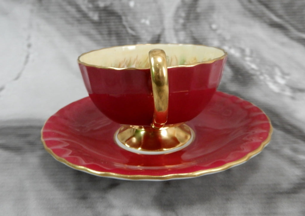 Vintage Aynsley "Orchard Fruit" England, Burgundy Cup, and Saucer Signed D.Jone