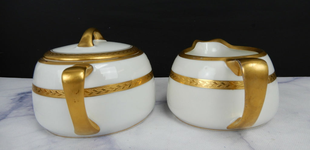 Vintage Pickard White and Gold Rims Porcelain Cream And Sugar Bowl