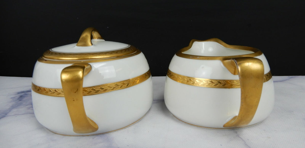 Vintage Pickard White and Gold Rims Porcelain Cream And Sugar Bowl