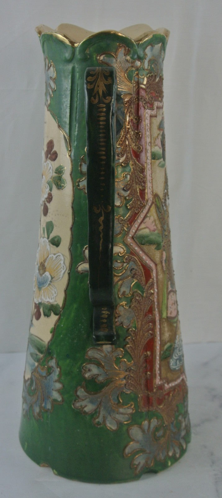 Japanese Satsuma Hand Painted Slipware Earthenware Ewer 16" High